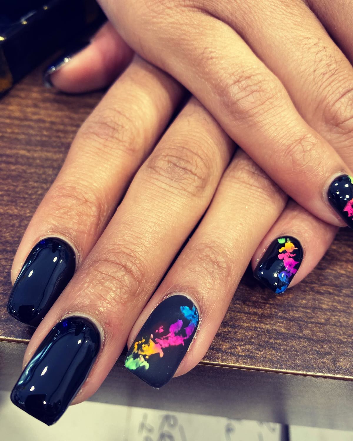 Midnight navy square nails with hand-painted multicolour confetti art.
